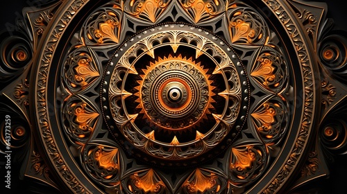  an intricately designed circular object with a black and orange background.  generative ai