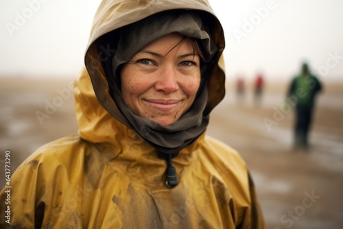 Medium shot portrait photography of a satisfied girl in her 40s wearing a waterproof rain jacket at the darvaza gas crater in derweze turkmenistan. With generative AI technology © Markus Schröder
