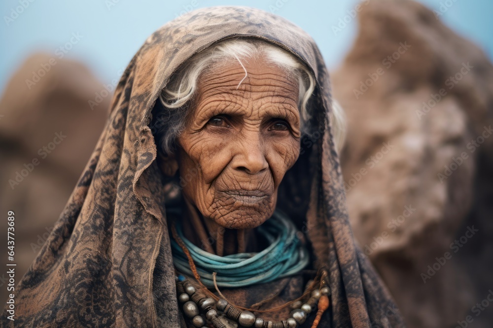 Photography in the style of pensive portraiture of a satisfied old woman wearing an intricate lace top at the socotra island in yemen. With generative AI technology Photography in the style of pensive portraiture of a satisfied old woman wearing an intricate lace top at the socotra island in yemen. With generative AI technology