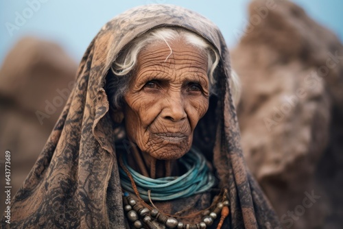 Photography in the style of pensive portraiture of a satisfied old woman wearing an intricate lace top at the socotra island in yemen. With generative AI technology