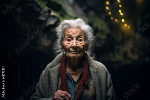 Lifestyle portrait photography of a tender old woman wearing a lace bralette at the waitomo glowworm caves in waikato new zealand. With generative AI technology