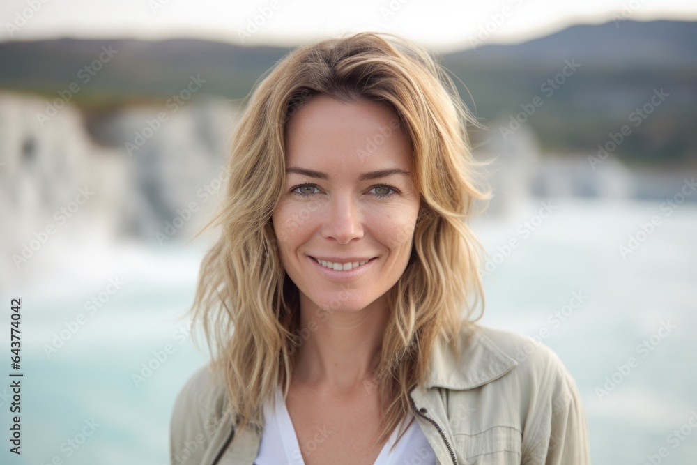 Headshot portrait photography of a blissful girl in her 40s wearing a comfy flannel shirt at the pamukkale in denizli turkey. With generative AI technology Headshot portrait photography of a blissful girl in her 40s wearing a comfy flannel shirt at the pamukkale in denizli turkey. With generative AI technology