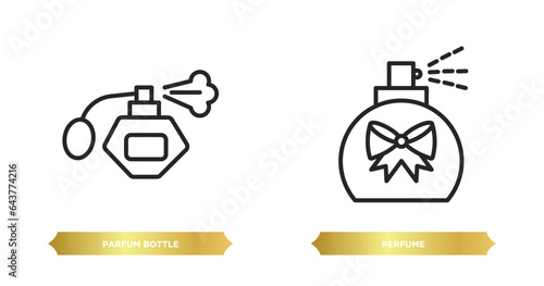 two editable outline icons from woman clothing concept. thin line icons such as parfum bottle, perfume vector.