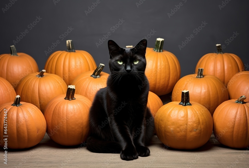 Black cat sitting in front of orange pumpkins on black background. Black cat sitting in front of orange pumpkins on black background.