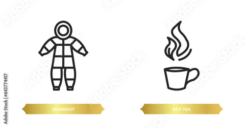 two editable outline icons from winter concept. thin line icons such as snowsuit, hot tea vector.