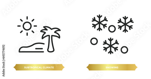 two editable outline icons from weather concept. thin line icons such as subtropical climate, snowing vector.