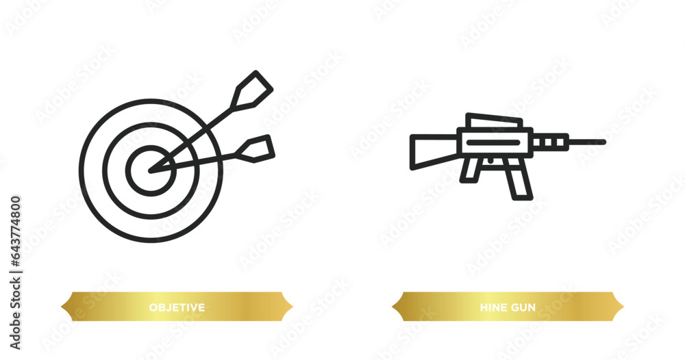 two editable outline icons from weapons concept. thin line icons such as objetive, hine gun vector. two editable outline icons from weapons concept. thin line icons such as objetive, hine gun vector.