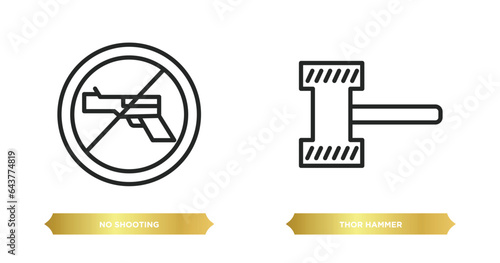 two editable outline icons from weapons concept. thin line icons such as no shooting, thor hammer vector.