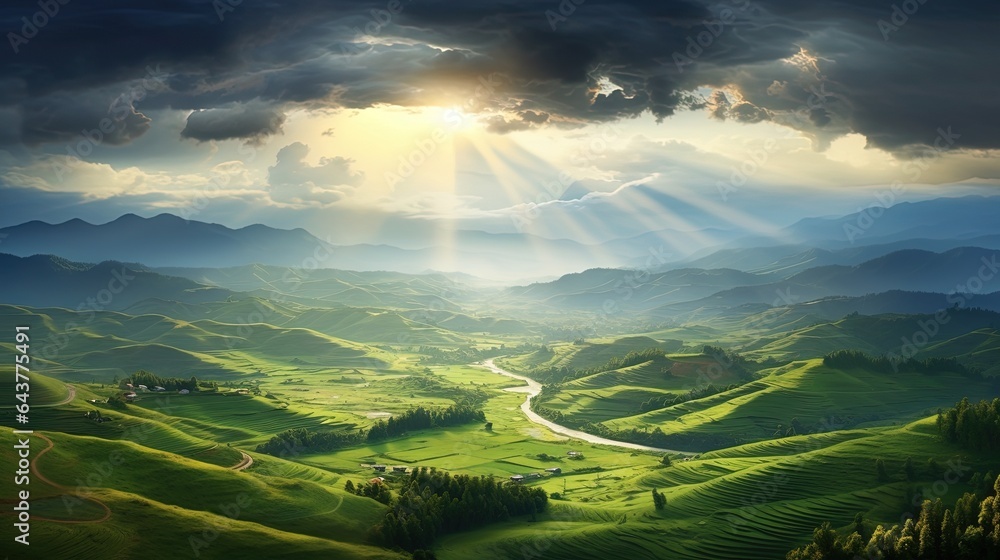 Fototapeta premium a painting of a valley with a road going through it. generative ai