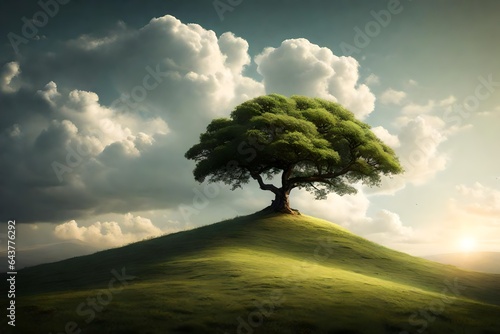 A lone tree graces the crest of a serene hill
