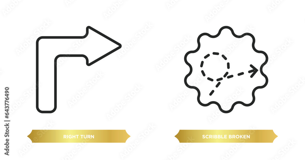 two editable outline icons from user interface concept. thin line icons such as right turn, scribble broken line vector. two editable outline icons from user interface concept. thin line icons such as right turn, scribble broken line vector.
