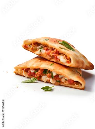 Delicious pizza calzone with tomato sauce and cheese isolated on white background 