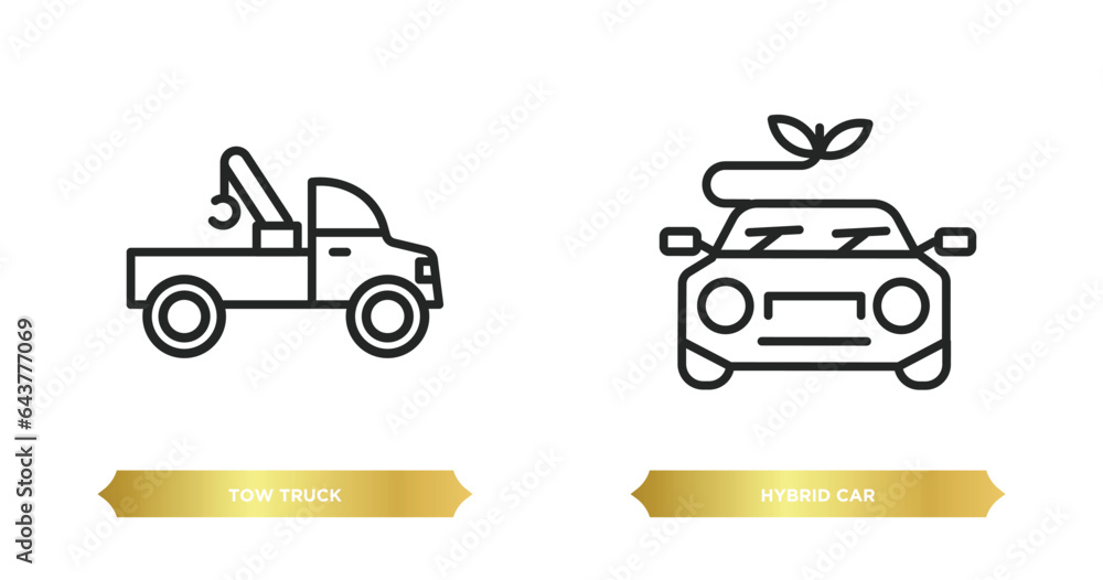 two editable outline icons from transportation concept. thin line icons such as tow truck, hybrid car vector.