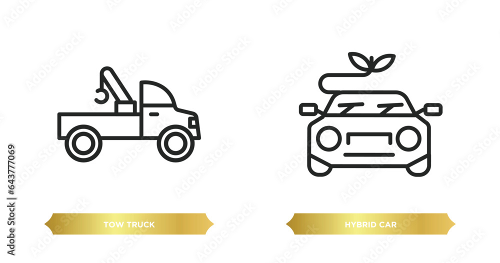 two editable outline icons from transportation concept. thin line icons such as tow truck, hybrid car vector. two editable outline icons from transportation concept. thin line icons such as tow truck, hybrid car vector.