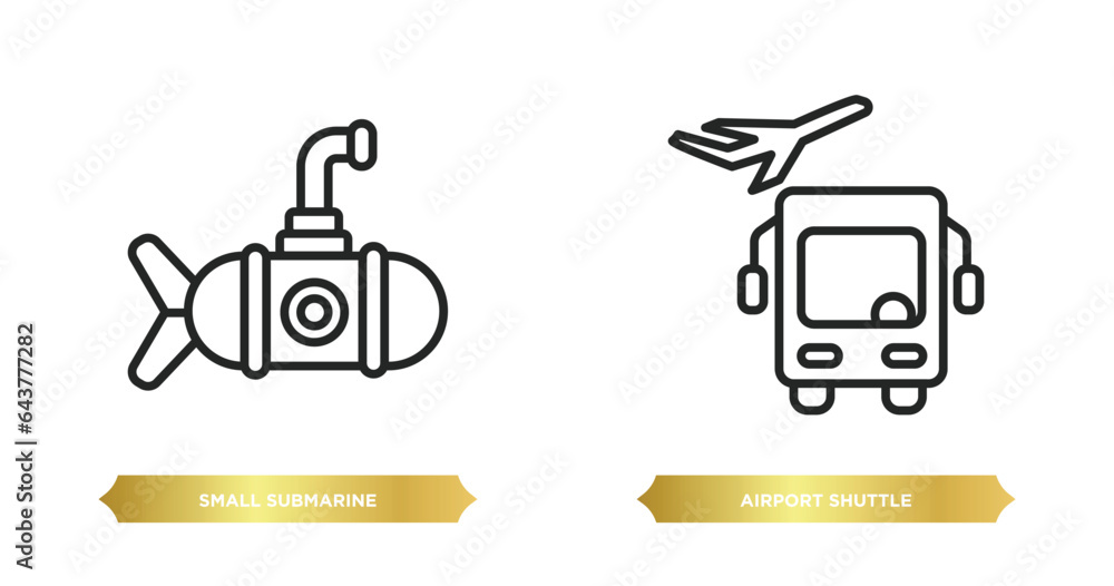 two editable outline icons from transportation concept. thin line icons such as small submarine, airport shuttle vector. two editable outline icons from transportation concept. thin line icons such as small submarine, airport shuttle vector.