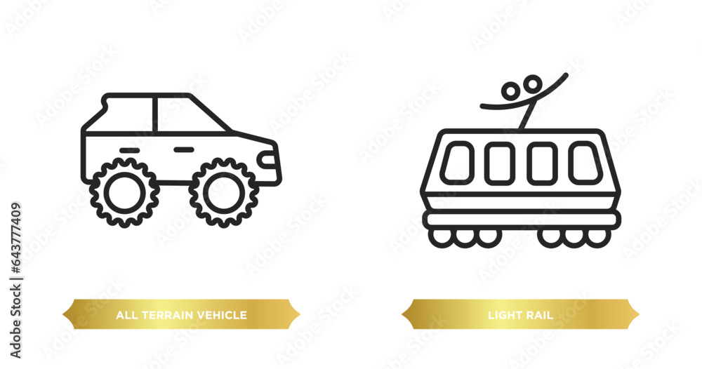 two editable outline icons from transportation concept. thin line icons such as all terrain vehicle, light rail vector. two editable outline icons from transportation concept. thin line icons such as all terrain vehicle, light rail vector.