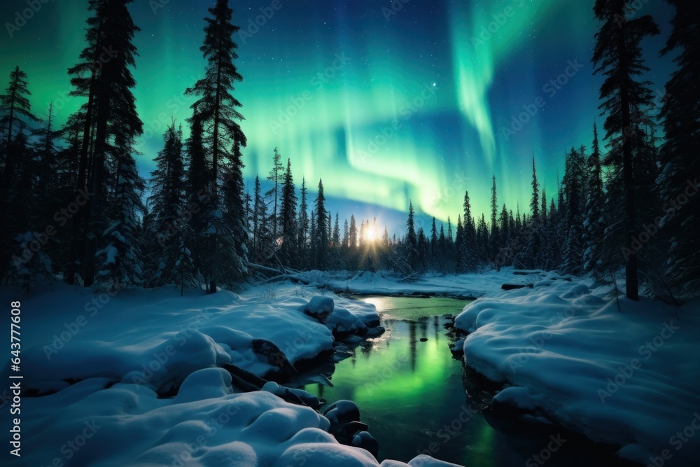 northern lights in the snowy forest.reflection in water