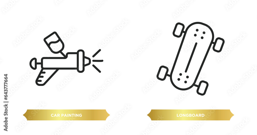 two editable outline icons from transport concept. thin line icons such as car painting, longboard vector. two editable outline icons from transport concept. thin line icons such as car painting, longboard vector.