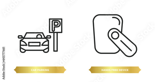 two editable outline icons from transport concept. thin line icons such as car parking, hands free device vector.