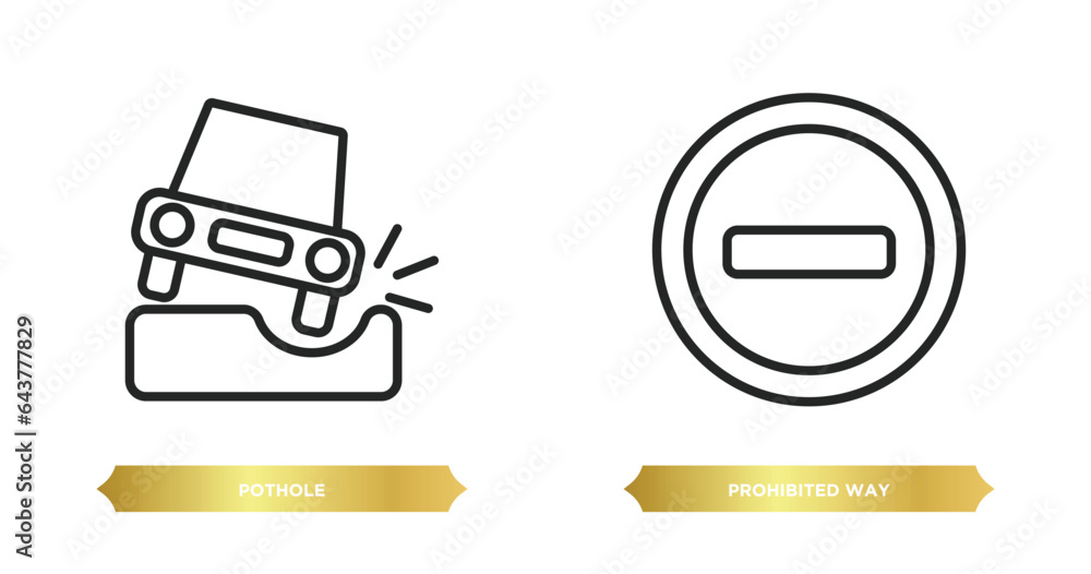 two editable outline icons from traffic signs concept. thin line icons such as pothole, prohibited way vector. two editable outline icons from traffic signs concept. thin line icons such as pothole, prohibited way vector.