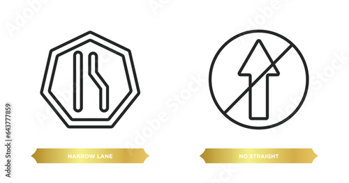 two editable outline icons from traffic signs concept. thin line icons such as narrow lane, no straight vector.