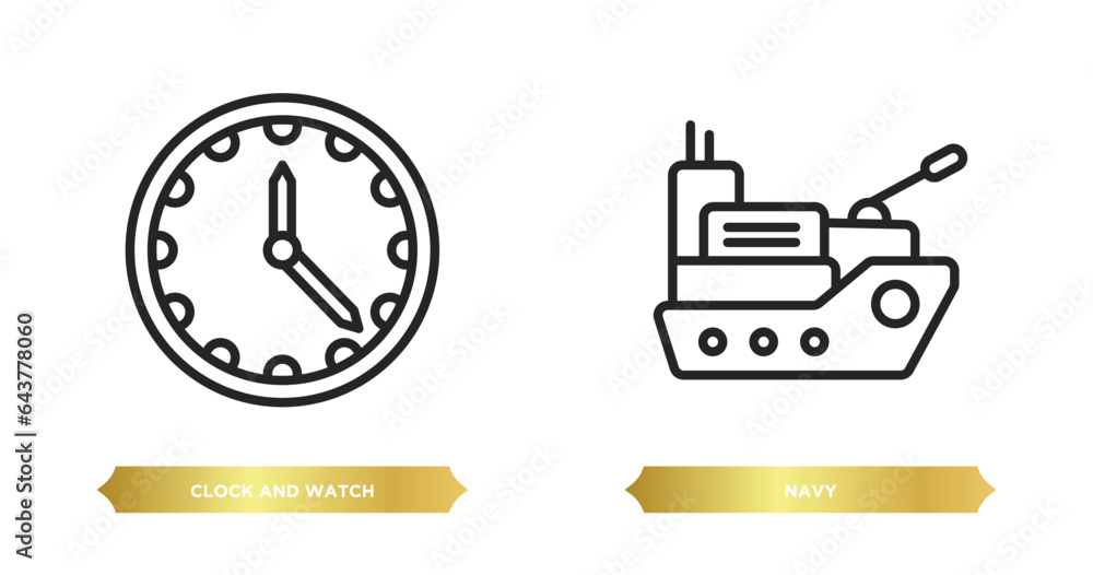 two editable outline icons from tools and utensils concept. thin line icons such as clock and watch, navy vector. two editable outline icons from tools and utensils concept. thin line icons such as clock and watch, navy vector.