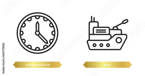 two editable outline icons from tools and utensils concept. thin line icons such as clock and watch, navy vector.