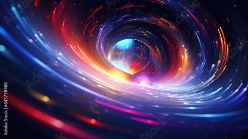 Colorful light whirls surreal space wormhole. Generative AI