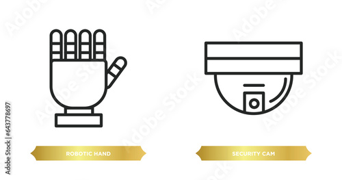 two editable outline icons from technology concept. thin line icons such as robotic hand, security cam vector.