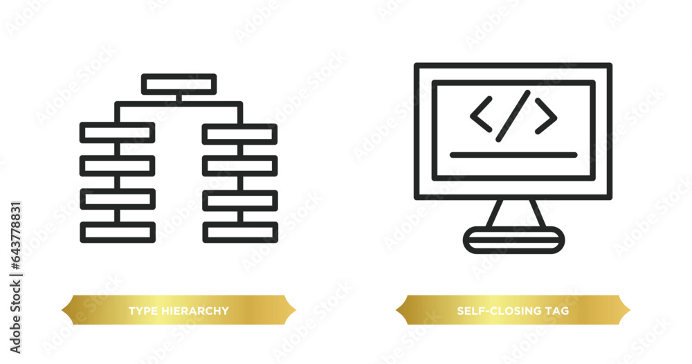 two editable outline icons from technology concept. thin line icons such as type hierarchy, self-closing tag vector. two editable outline icons from technology concept. thin line icons such as type hierarchy, self-closing tag vector.