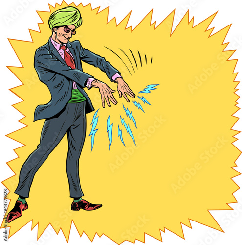 fakir magician magician. The magical action of competent management. A man in a turban and suit releases lightning bolts. Pop Art Retro