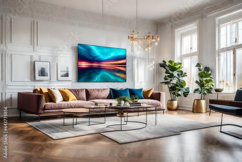 a contemporary living room with abstract art on the walls