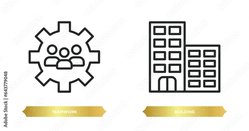 two editable outline icons from strategy concept. thin line icons such as teamwork, building vector. two editable outline icons from strategy concept. thin line icons such as teamwork, building vector.