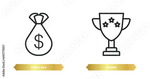 two editable outline icons from strategy concept. thin line icons such as money bag, winner vector.