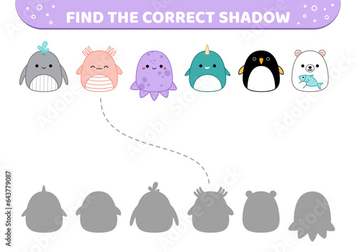 Animals of North Pole. Squishmallow. Find the correct shadow. Shadow matching game. Cartoon, vector