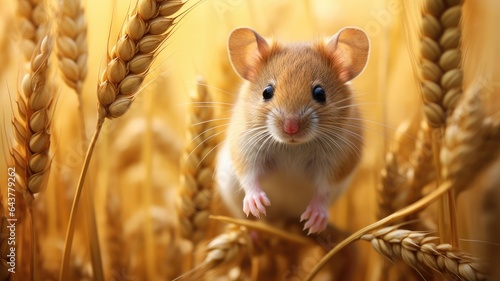 a field mouse in its natural habitat, nibbling on a crop of cereals. The scene portrays the delicate balance of nature and the mouse's resourcefulness.