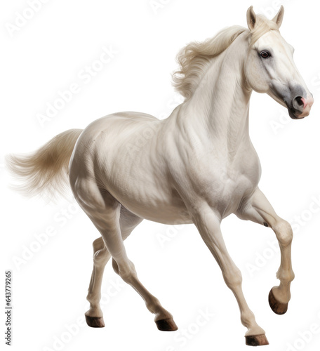 Side view of a running white horse isolated on a white background as transparent PNG © Flowal93