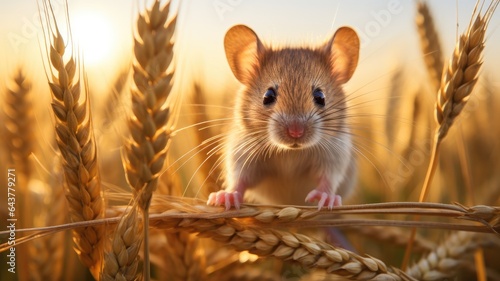 a field mouse in its natural habitat, nibbling on a crop of cereals. The scene portrays the delicate balance of nature and the mouse's resourcefulness.
