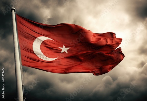 Waving Turkish flag against the background of the dark cloud. Generative AI