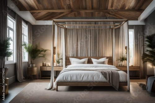 a serene and neutral-toned bedroom witha canopy bed