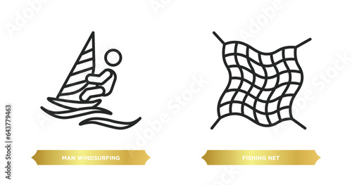 two editable outline icons from sports concept. thin line icons such as man windsurfing, fishing net vector.