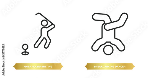 two editable outline icons from sports concept. thin line icons such as golf player hitting, breakdancing dancer vector.
