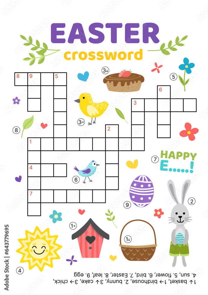 Crossword with Easter items. English words. Educational puzzle game for kids. Flat, cartoon, vector