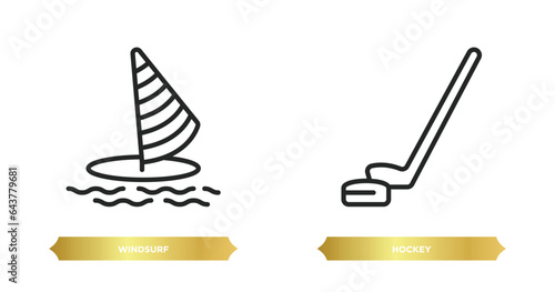 two editable outline icons from sport concept. thin line icons such as windsurf, hockey vector.