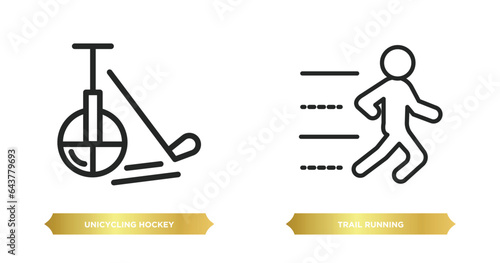 two editable outline icons from sport concept. thin line icons such as unicycling hockey, trail running vector.
