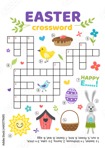 Crossword with Easter items. English words. Educational puzzle game for kids. Flat  cartoon  vector