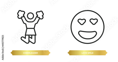 two editable outline icons from smileys concept. thin line icons such as cheerleader, love smile vector.