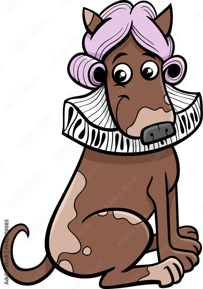 cartoon dog character in a wig and with a ruff collar cartoon dog character in a wig and with a ruff collar