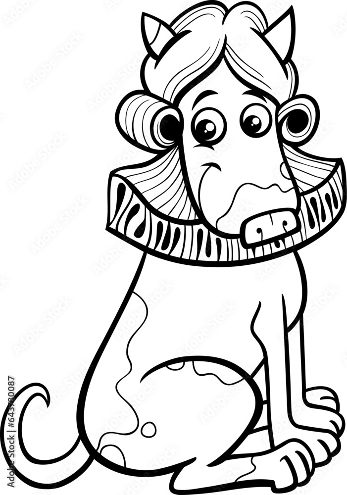 Fototapeta premium cartoon dog in a wig and with a ruff collar coloring page