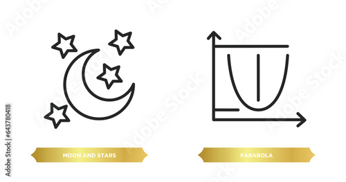 two editable outline icons from shapes concept. thin line icons such as moon and stars, parabola vector.